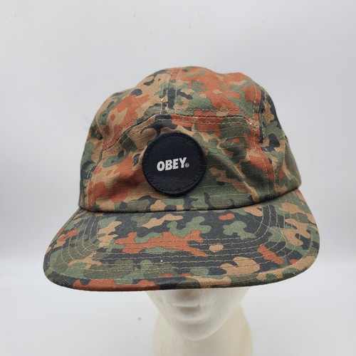 RARE Obey 5 Panel Hat Cap Flecktarn Camo Mens Strap Buckle Back Ripstop Street
