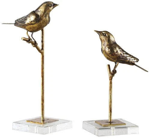 Uttermost Passerines 13" Antique Gold Leaf Bird Figurines Set of 2 - Picture 2 of 3