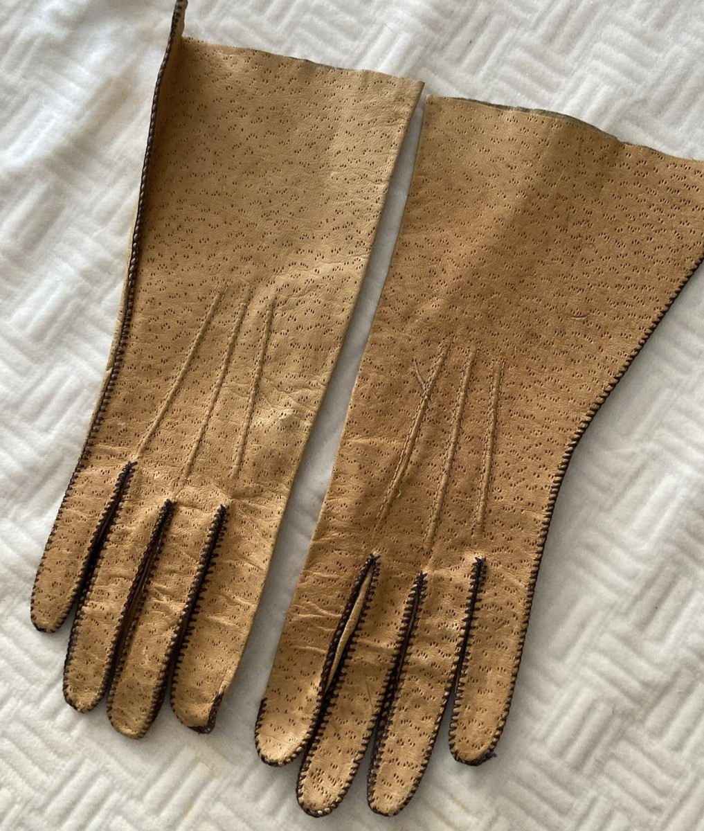 Vintage 50s Peccary Pigskin Leather Long Gloves Tan Women's 7/Small