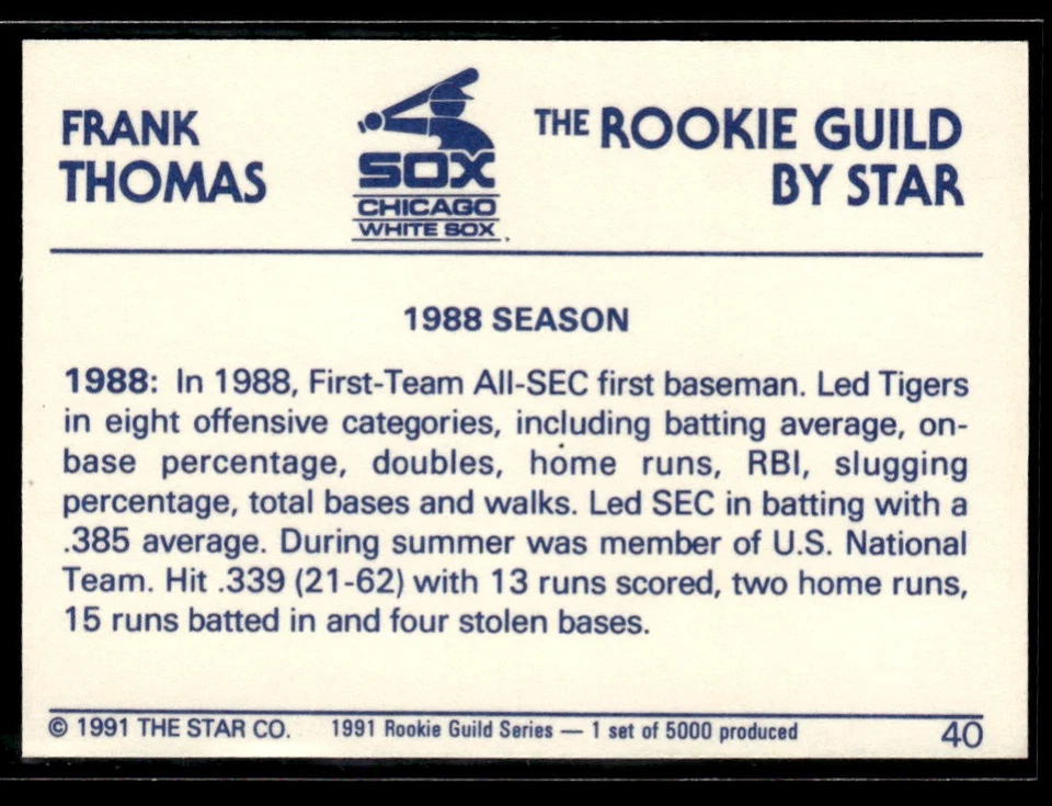 1991 Star The Rookie Guild #40 Frank Thomas White Sox Baseball Card 2901O - Image 2 of 2