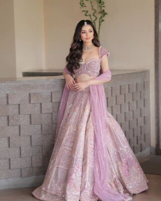 dusty pink indian dress Kalaa Dusty Rose Pink Net Hand Embroidered Bridal Lehenga – Mohi fashion main image 0