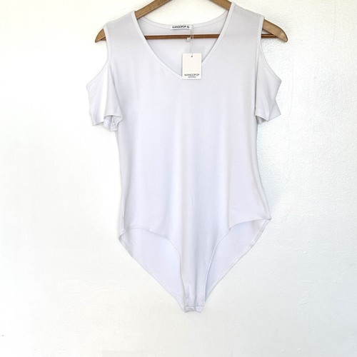 Mangopop Women’s Bodysuit XL White Short Sleeve Cold Shoulder V Neck Top NWT - 第 1/8 張圖片