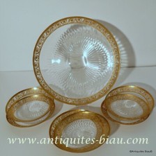 Set dessert cake crystal Saint st Louis Thistle gold model stamped perfect cond
