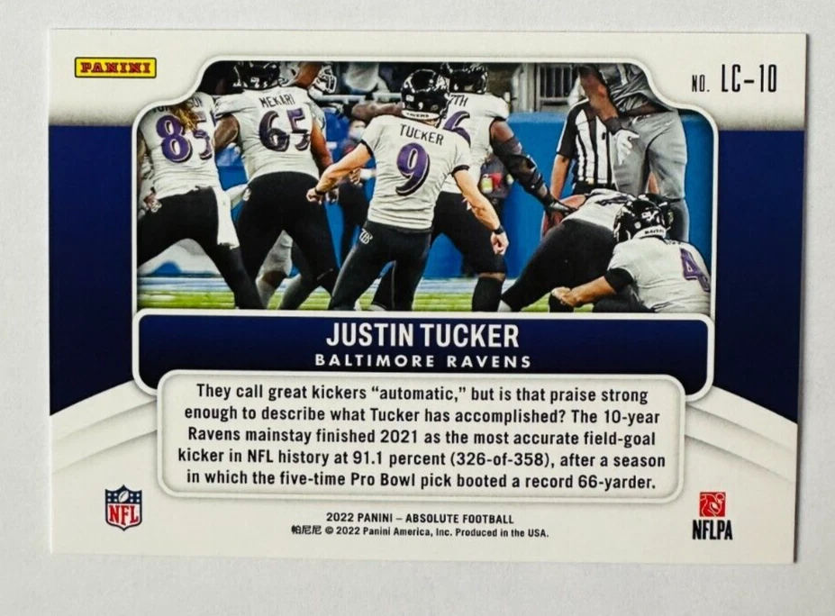 2022 Panini Absolute Justin Tucker ORANGE FOIL Last Call Insert Card #/75 Ravens - Image 2 of 3