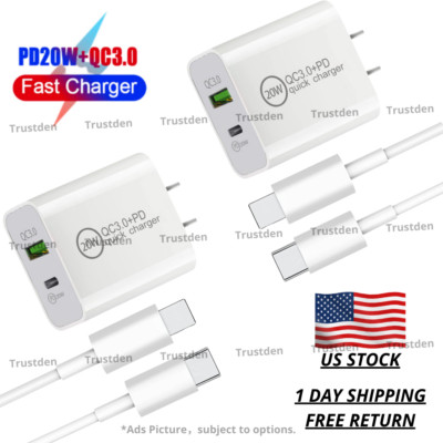 20W PD QC Power Adapter For iPhone 14 13 12 11 X 8 iPad Fast Charger USB C Cable