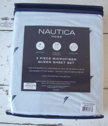 Nautica Home-3 Piece Microfiber Queen Sheet Set-Blue/White Boats+Stripes~NEW! - Picture 1 of 5