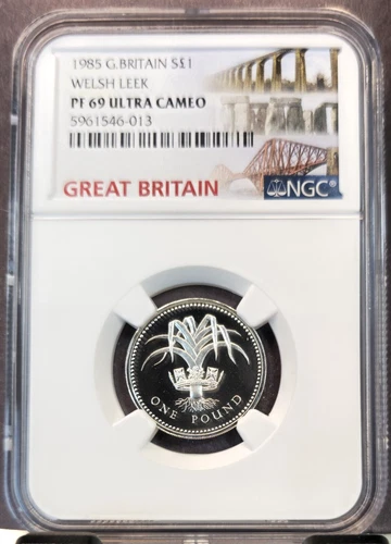 1985 GREAT BRITAIN SILVER 1 POUND WELSH LEEK NGC PF 69 ULTRA CAMEO SCARCE