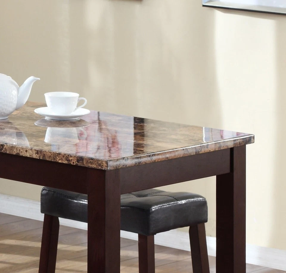 Counter Height Marble Breakfast Table - Glossy Print - Dark Brown Legs - 3-Piece - Image 4 of 4