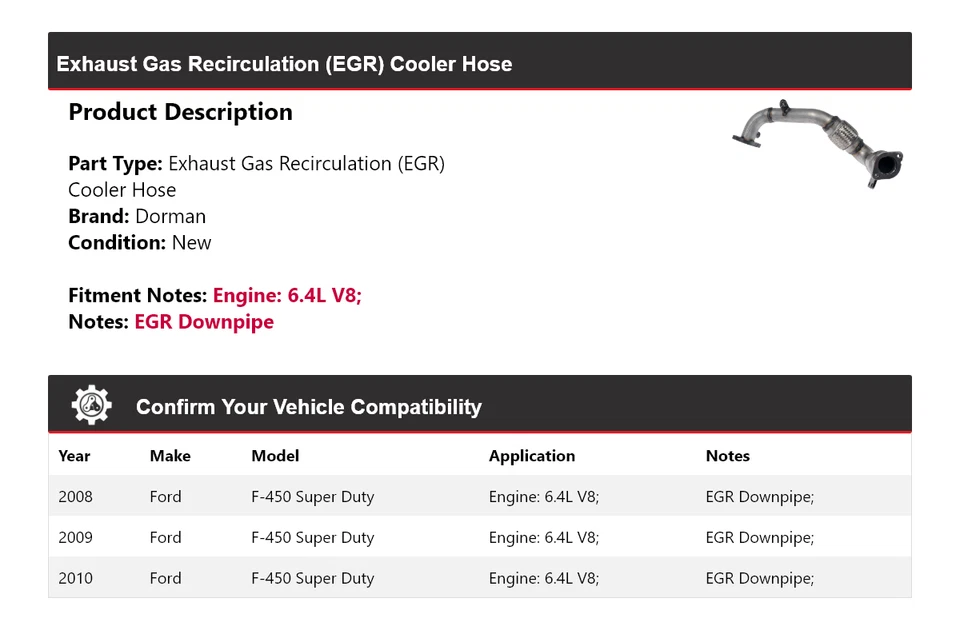 For 2008-2010 Ford F-450 Super Duty 6.4L V8 Dorman EGR Cooler Hose 2009 - Image 2 of 4