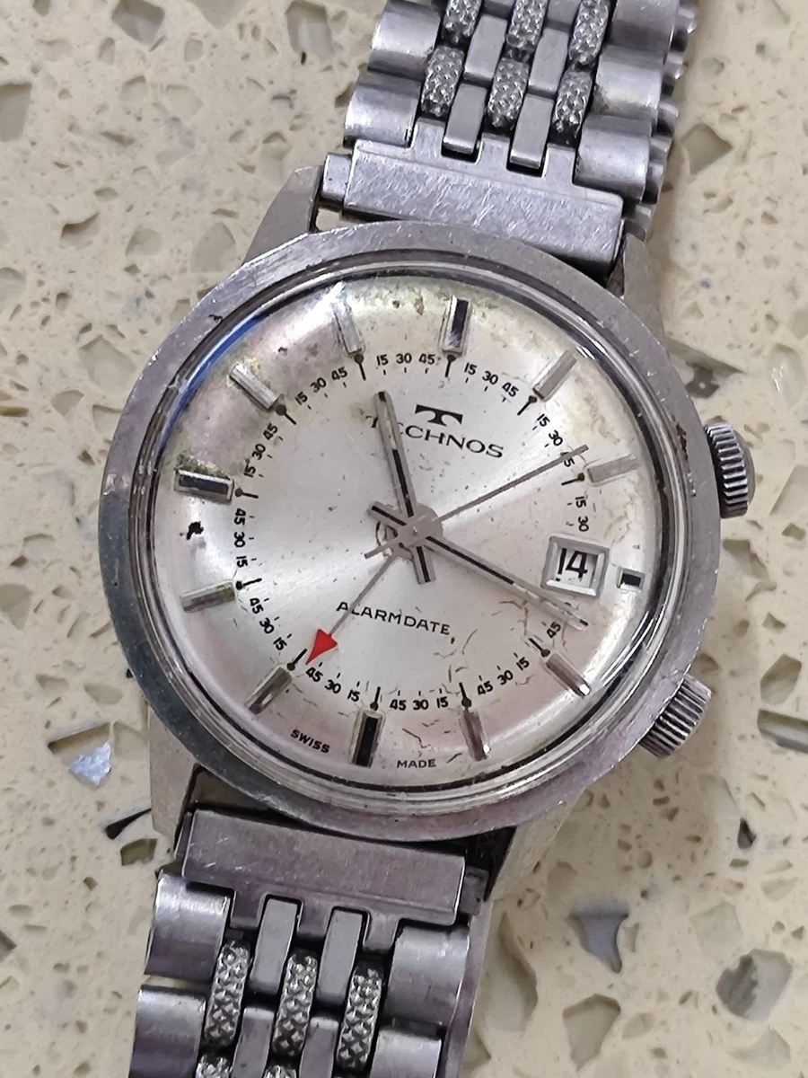 VINTAGE TECHNOS ALARM DATE MECHANICAL STEEL 35MM MENS WATCH