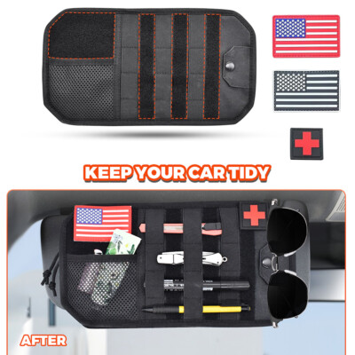 Molle Car Visor Panel Sun Shade Sunglasses Holder Organizer Bag W/Flag stickers