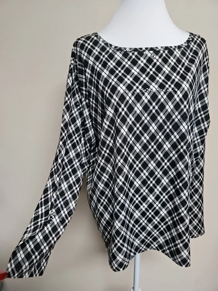 JOSEPHINE CHAUS Women's Blouse Long Sleeve Round Neck Plaid Print Stretch.Size 1 Foto 4 de 4