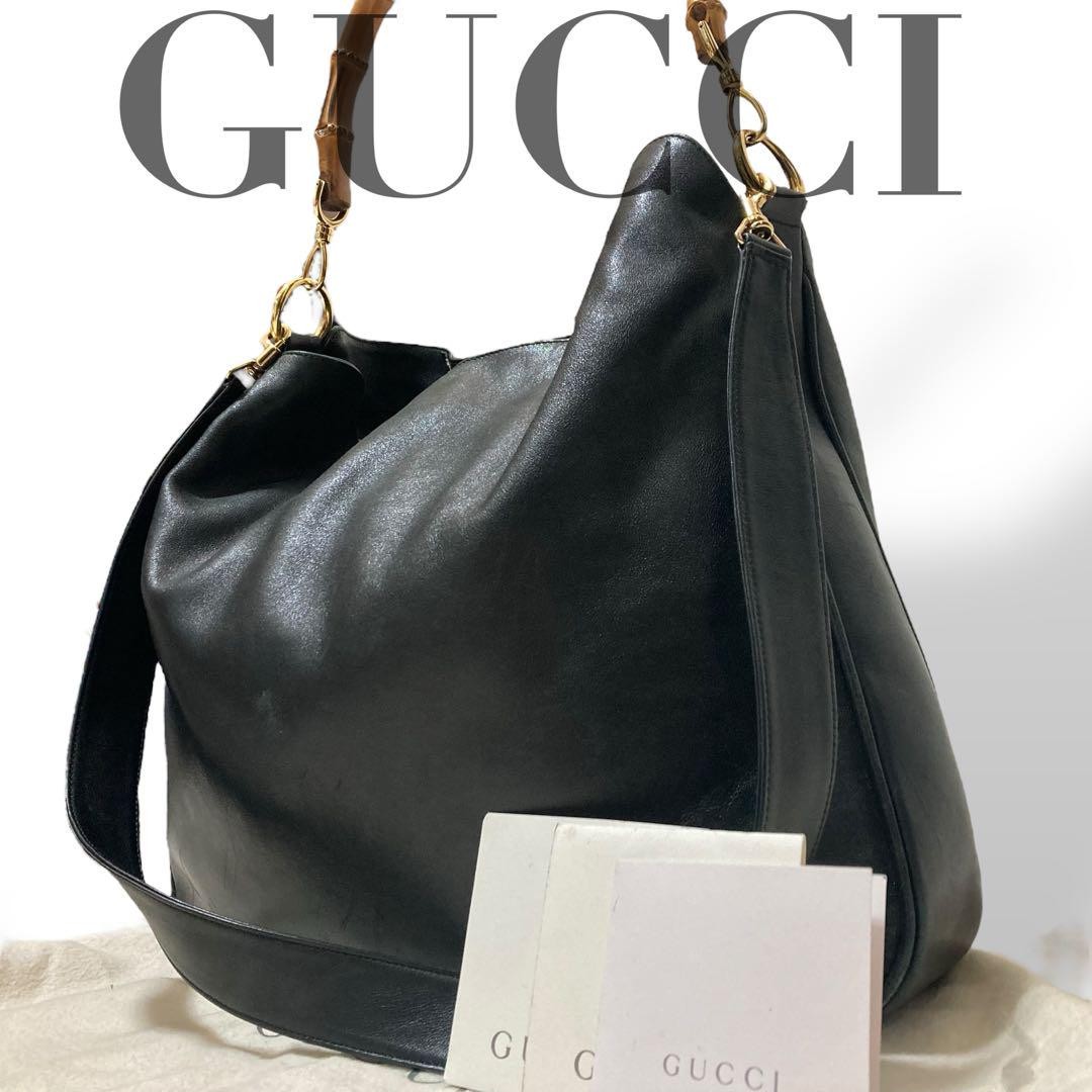 Gucci Bamboo 2Way Shoulder Tote Bag Black Leather Vintage Luxury