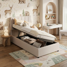 Polsterbett 90x200cm Hydraulischem Stauraumbett mit Bettkasten Lattenrost Beige