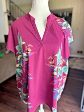 Chicos XL Pink Tropical Floral UV Protection Short Sleeve Top Swim Beach
