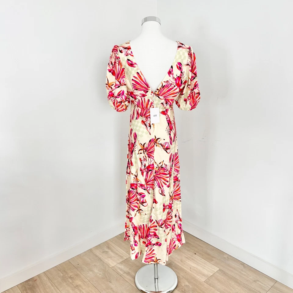 Jag Lobster Maxi Dress Size 10 Pink  Puff Sleeve V-Neck Slim Fit Beach New - image 4 of 4