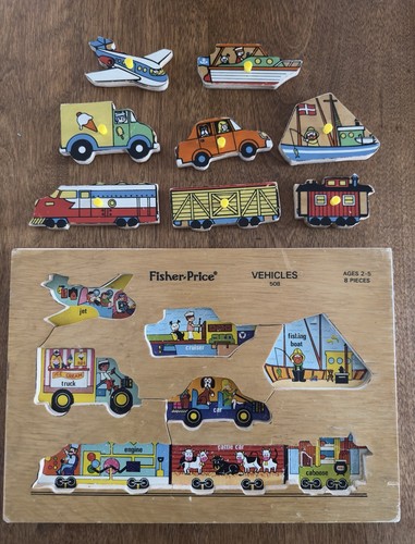 Vintage 1970s Fisher Price Wooden Puzzle VEHICLES #508 Toddler Peg 8 Pieces - Picture 2 of 3