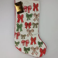 Christian Lacroix Luxury 22" Christmas Bows Stocking Red Gold Green White Beaded