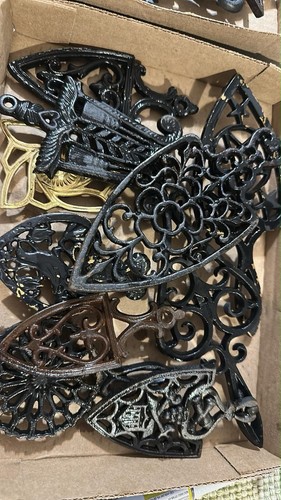 Cast Iron Trivet Set Lot, Assorted Ornate Novelty Designs, Black Gold Brown