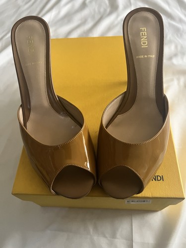 Fendi Women's Tan Peep-Toe Heels Nude vernice sandals luxury shoes Size 8.5