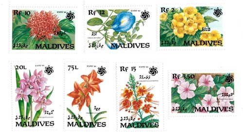 Maldives 1990 - Flowers - Set of 7 Stamps - Scott #1445-51 - MNH