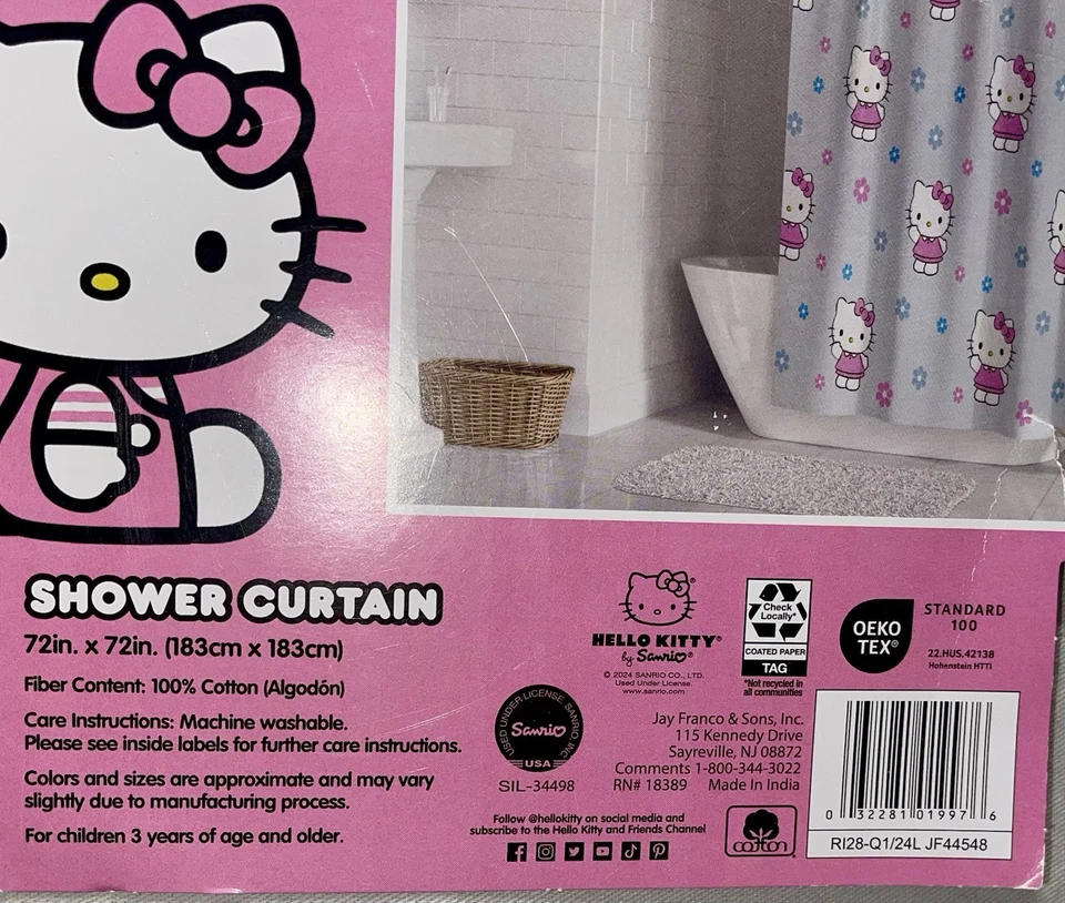 New HELLO KITTY Floral Fabric Gray Shower Curtain~72x72 - Image 3 of 4