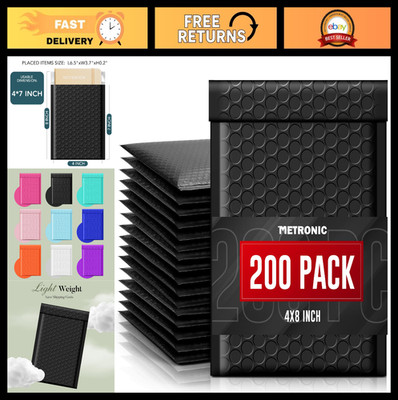 Black Bubble Mailers 4x8 Inch 200 Pack - Opaque Self-Seal Waterproof Padded Enve