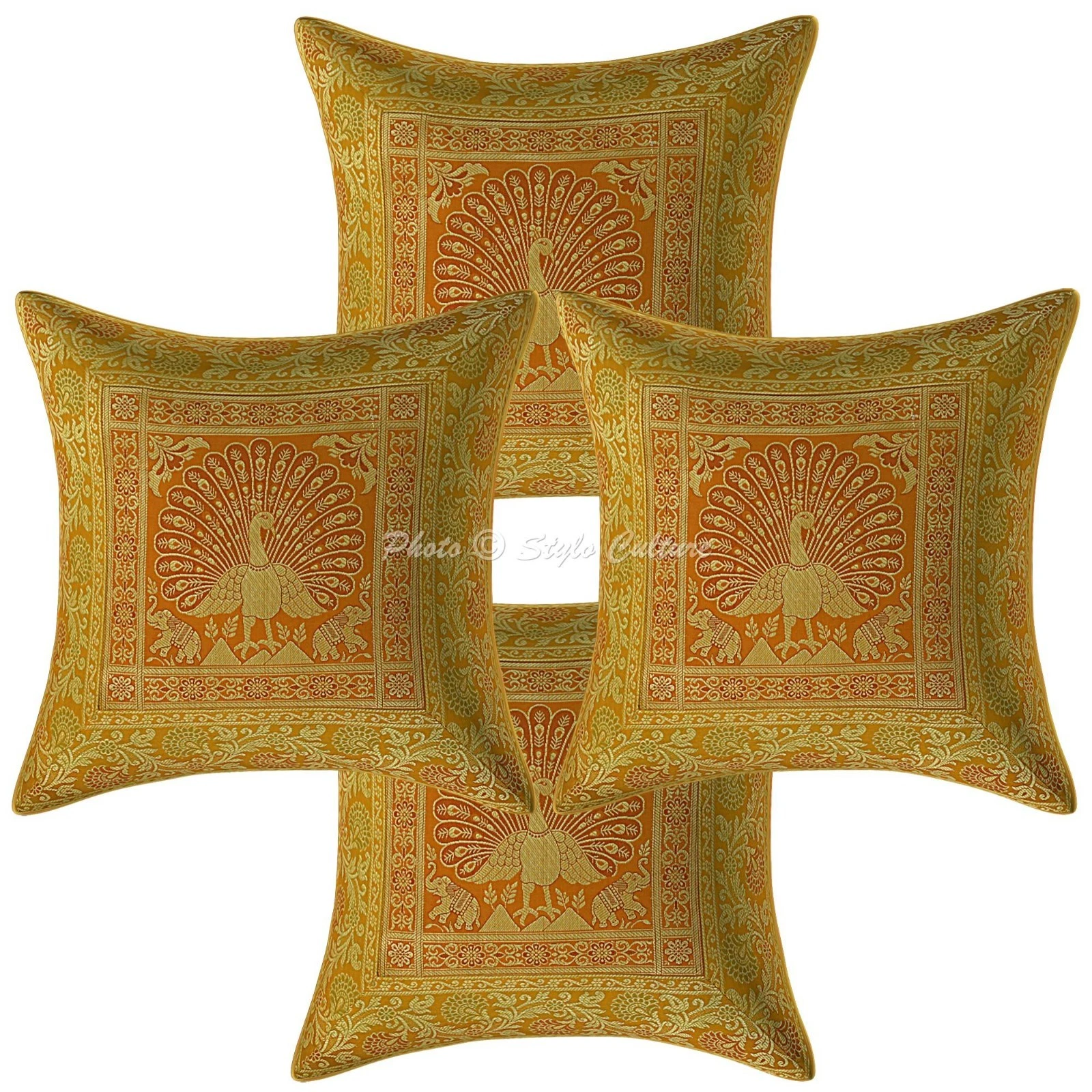 Indian Brocade Throw Pillow Covers Jacquard Yellow Peacock Home Decor 40x40 cm