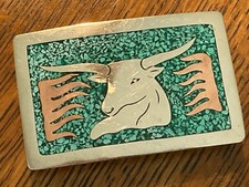 Vintage Artisan Turquoise Inlay Bull Belt Buckle Mexico Brass  Alpaca