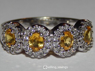 14K WHITE GOLD EFFY YELLOW SAPPHIRE & DIAMOND HALO BAND RING SIZE 6.75 ...