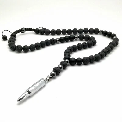 Herren Perlenkette Schwarz Onyx Lava Anhänger Patron Ak-47 Halskette Manner  - Bild 1 von 4