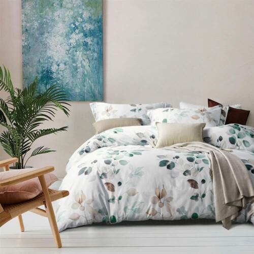 MILDLY 100% Egyptian Cotton Duvet Cover Sets Gradient Teal Leaves Pattern Be...