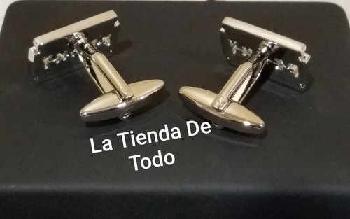 SWANKY CUFF LINKS CUFFLINKS MANLY RAZOR BLADES OLD SCHOOL SHAVER CHROME READ - Picture 4 of 5