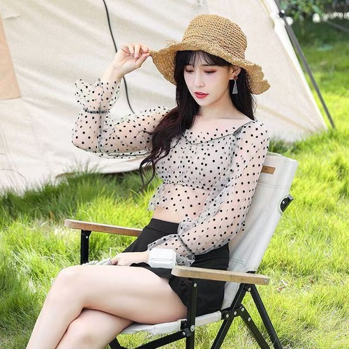 Women Two Piece Polka Dot Crop Top Pleated Skirt Slim Bikini Swimsuit - Picture 2 of 12