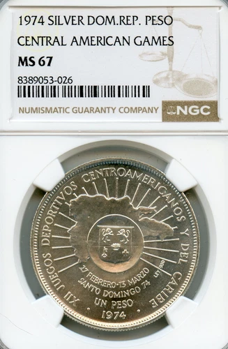 DOMINICAN REPUBLIC 1 PESO SILVER CROWN 1974 MS-67 NGC CENTRAL AMERICAN GAMES