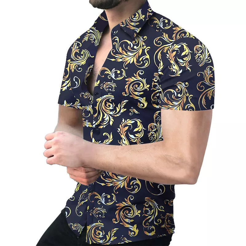 Camisa Con Botones Hombre De Manga Corta Estampado Flores Hawaiano Dorado Negro