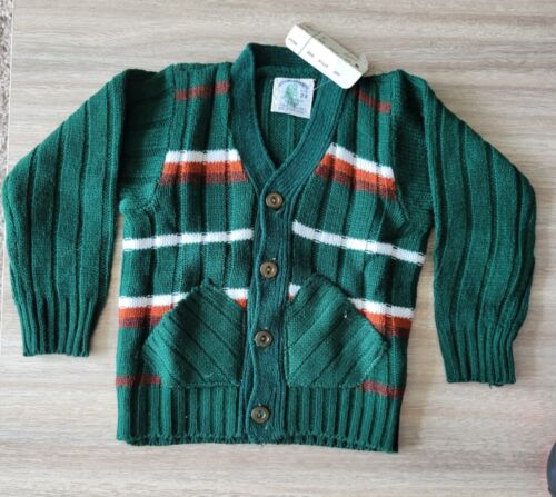 Suéter/cárdigan vintage Little Funky Knits para niños jóvenes talla 2 verde con rayas - Imagen 1 de 3