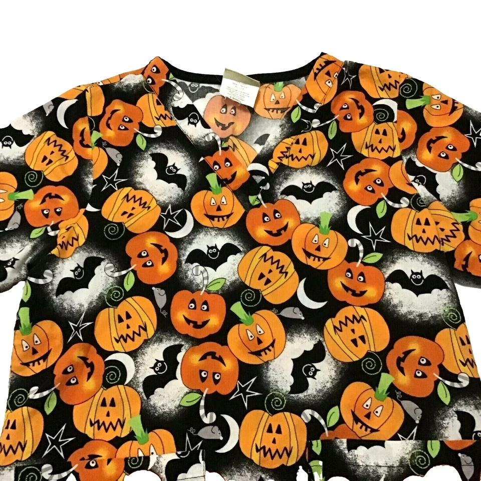 Halloween Scrub Top Womens Size XS Pumpkins Bats Jack-O-Lanterns Scrubs Nurse - Image 3 of 4