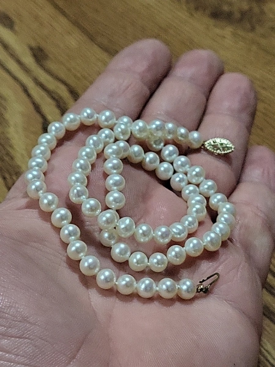 Vintage Hand Knotted 6MM Cultured Pearl Necklace W/ 14K Gold
