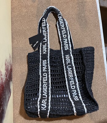 NEW KARL LAGERFELD Paris Black/White LOGO STRAP TOTE Straw Shoulder Bag