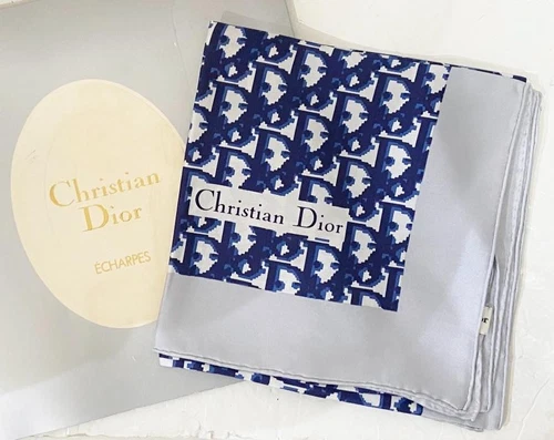 Christian Dior écharpe vintage en soie gris marine 100% soie 31x30 unisexe années 80 90
