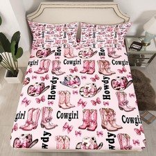 Western Cowgirl Bed Sheet Set 3 Pieces,Princess Bowknot Kawaii Pink Bow-tie B...