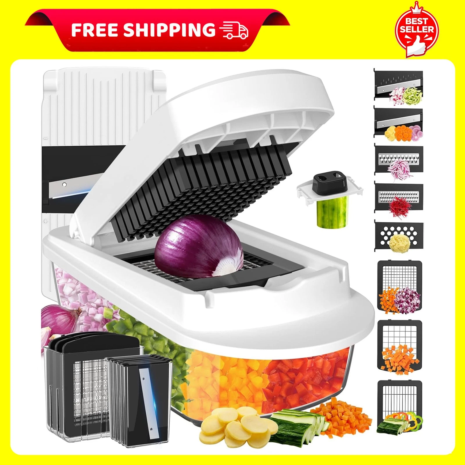 8 Blade All-in-1 Vegetable Chopper Mandoline Slicer with 8-Blade, White