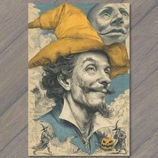 Art Print Wizard Mustache Orange Hat Moon Pumpkin Fantasy Etching Halloween Magi