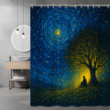 Starry Night Shower Curtain - Blue Yellow Tree Design