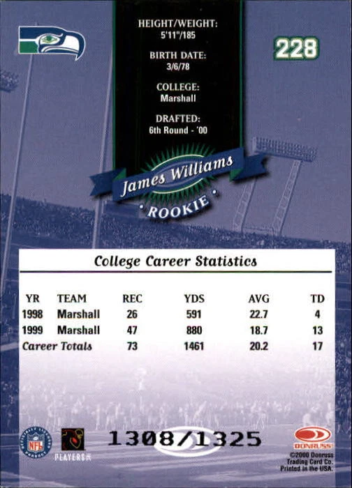 2000 Donruss #228 James Williams RC /1325 - NM-MT - Image 2 of 2