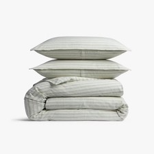 Full/Queen Relaxed Linen Stripe Duvet Cover Sham Set Jade Parchment