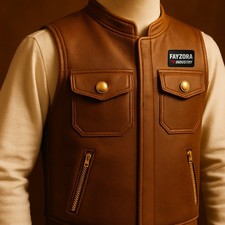 Custom Bull Riding Vest Premium Brown Leather Personalized with Zipper Pockets