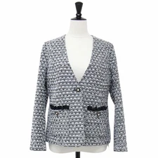 MW Jacket Black Style Size:38(M) Collarless Tweed V-Neck Ruffled Used BEEG-0