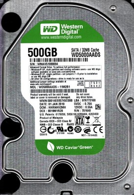 WD5000AADS-11M2B1 S/N:WMAV DCM:HHRNHV2MH WESTERN DIGITAL 500GB MALAYSIA JAN 2010
